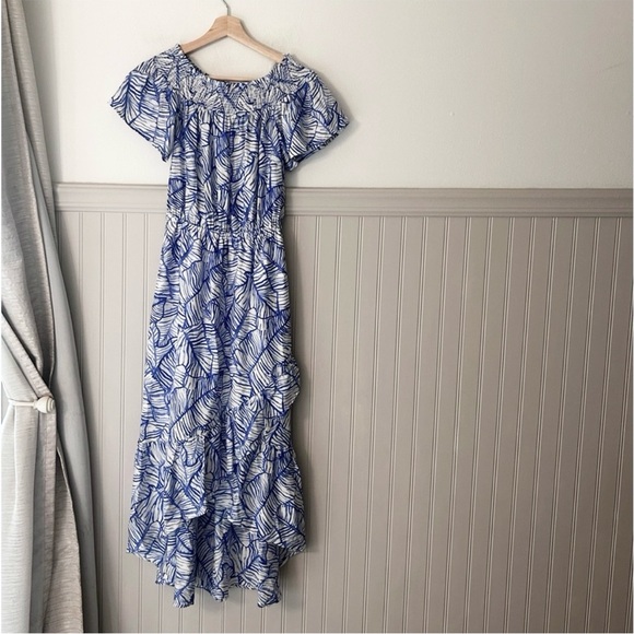Vineyard Vines Size 2 Blue White Hi Lo Silk Maxi Dress Off The Shoulder - Picture 3 of 13